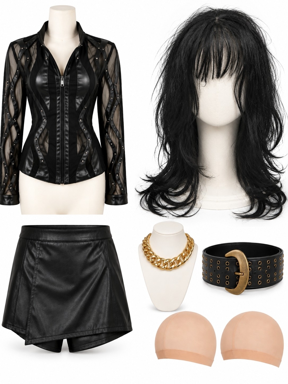 Black Rocker Cher Halloween Costume Bundle β Wig, Leather Skirt, Jacket & More